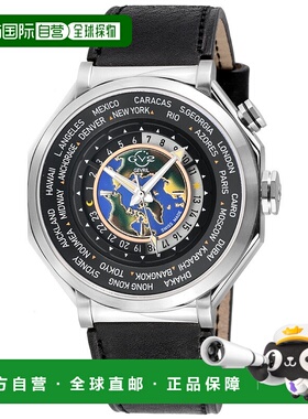 自营 GV2男士Marchese 4时区不锈钢表壳，黑色表盘，纯正意大利棕