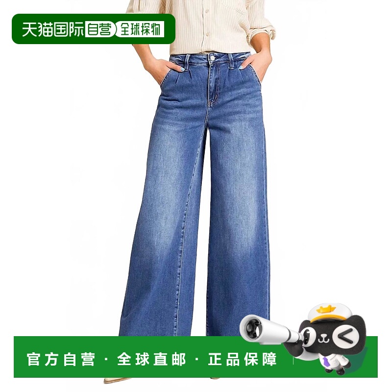 自营flying monkey女式Arosa褶皱阔腿牛仔裤,中深色-中深色 美国