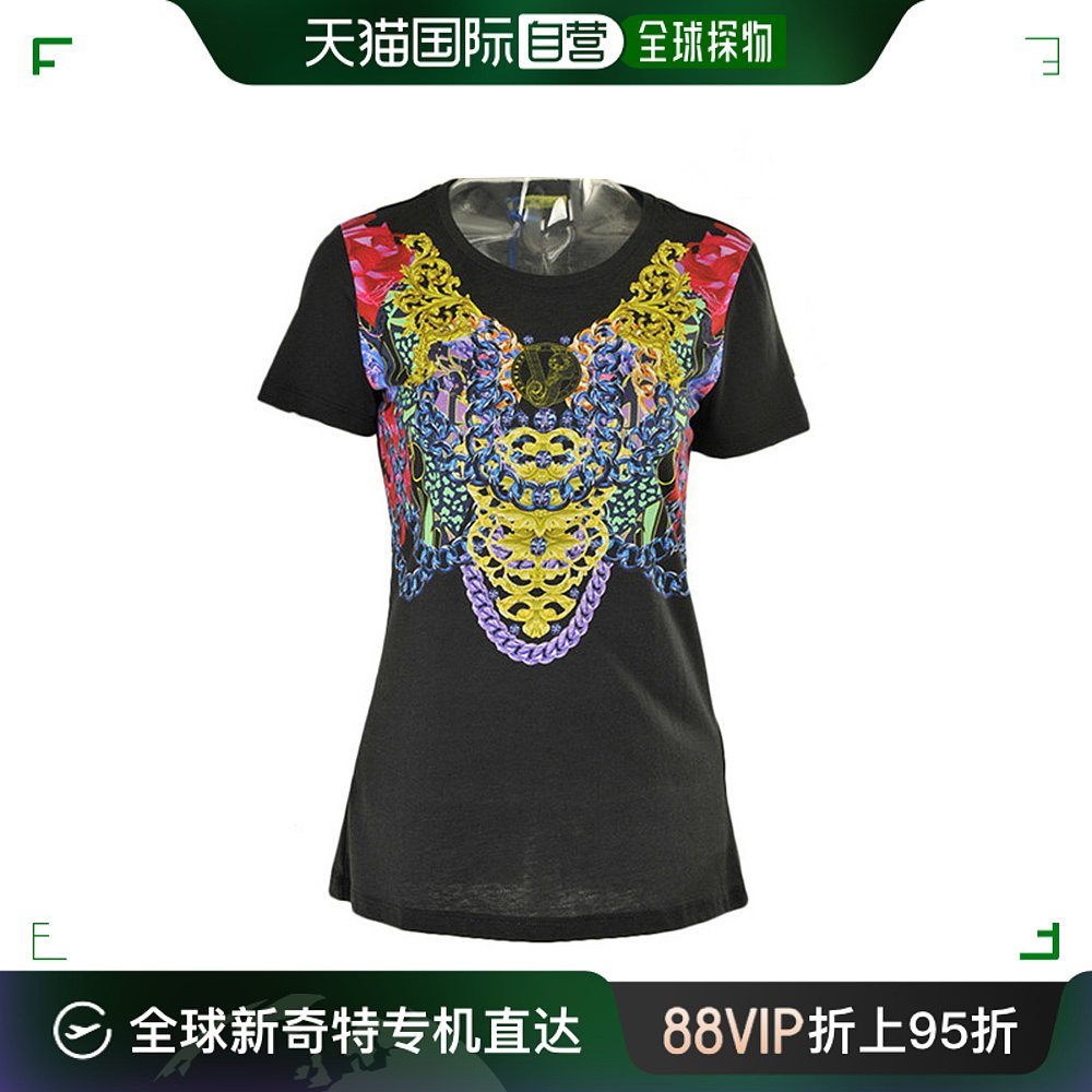 香港直邮VERSACE JEANS范思哲牛仔女士黑色印花T恤 B2HPA7A2616
