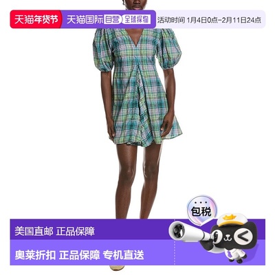 自营GANNI Seersucker Check V-Neck Mini Dress - green 美国奥