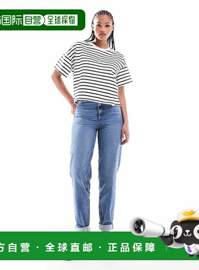 香港直邮ASOS 女士 mom 设计长筒高腰宽松中长蓝色牛仔裤直筒裤