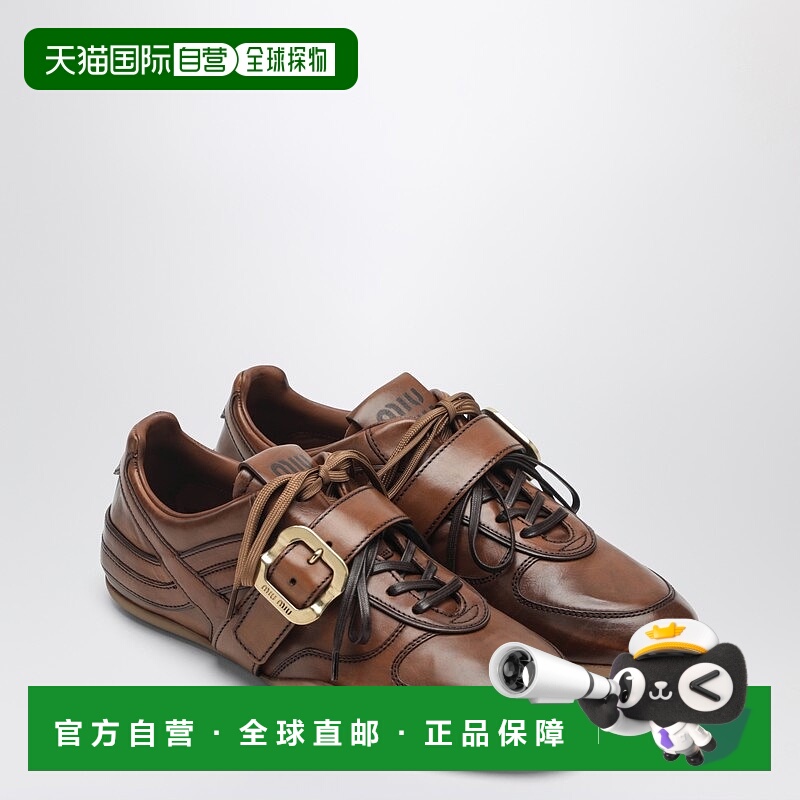 香港直邮Miu Miu 缪缪 女士 Cognac-colored 皮质搭扣运动鞋 5E54