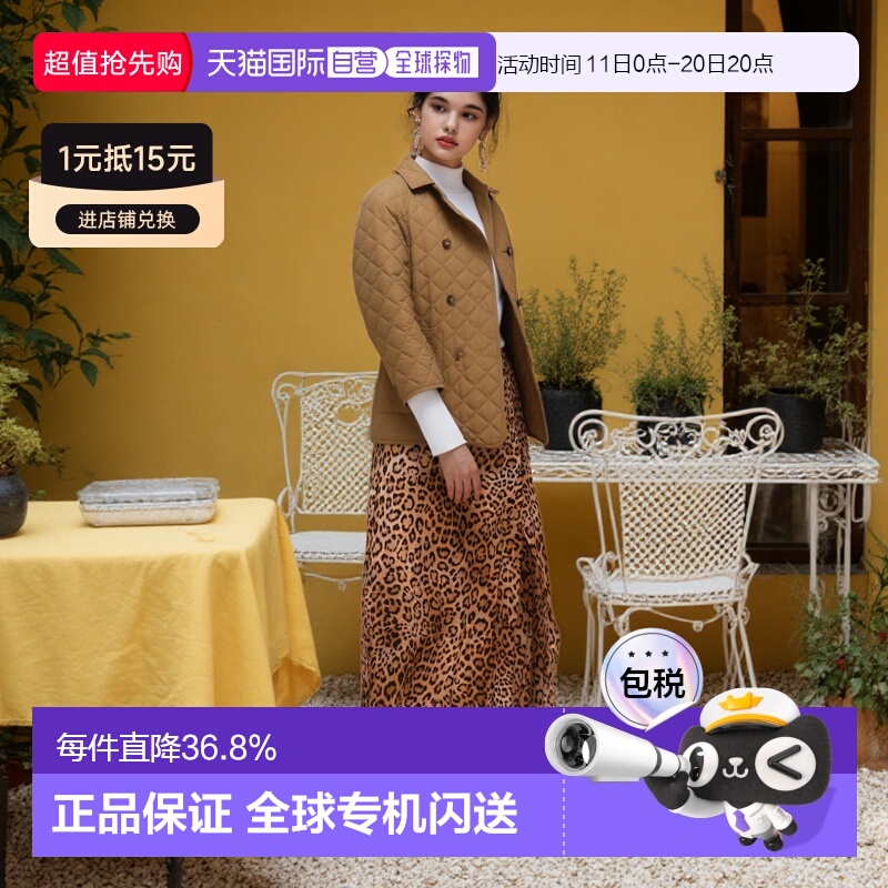【自营】欧洲直邮BURBERRY博柏利女士棕色Logo标贴翻领双排扣棉服