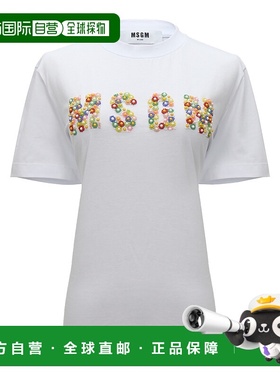 香港直邮MSGM 女士白色短袖T恤衫 Logo缀饰圆领休闲短袖T恤新款