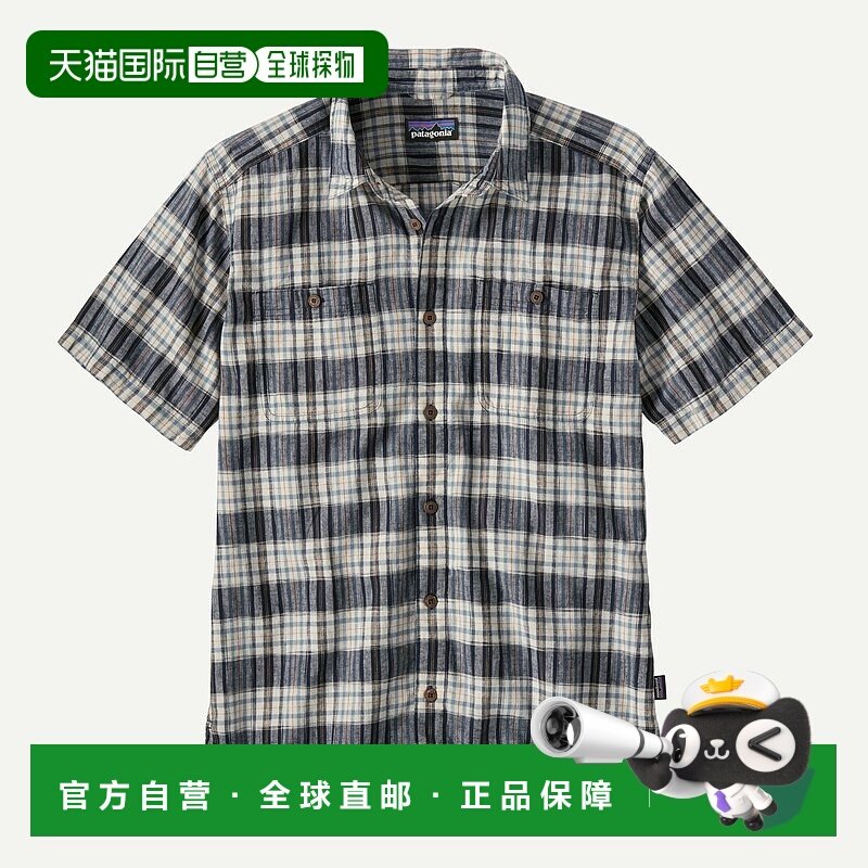 自营欧洲直邮PATAGONIA 男士米色/海军蓝麻/棉短袖衬衫