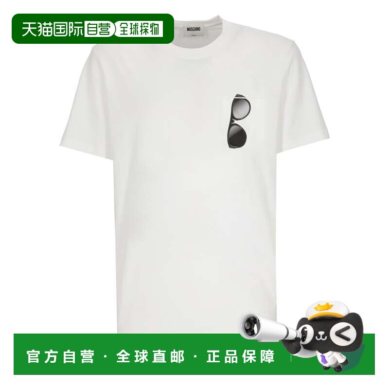 自营moschino白色太阳镜印花胸袋棉质t恤-白色 美国奥莱直发
