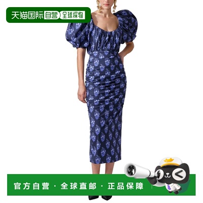 自营Carolina Herrera Puff Sleeve Gathered Midi Dress - blue