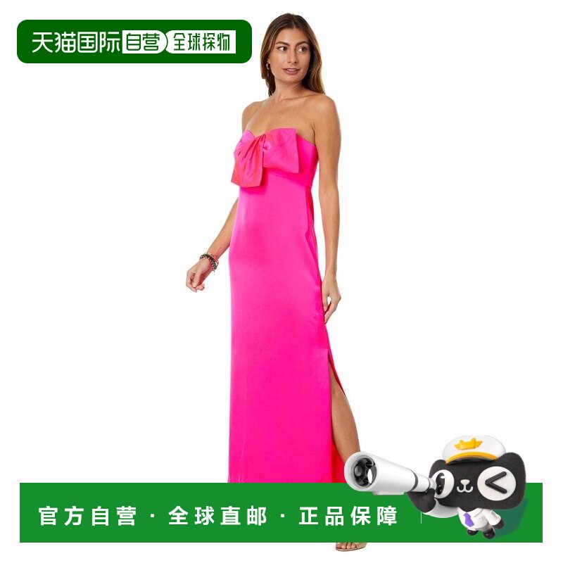 自营Lilly Pulitzer Carlynn Maxi蝴蝶结连衣裙女粉色缎面抹胸KFC