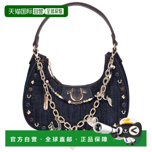 自营True Religion Studded Denim Shoulder Bag with Removable