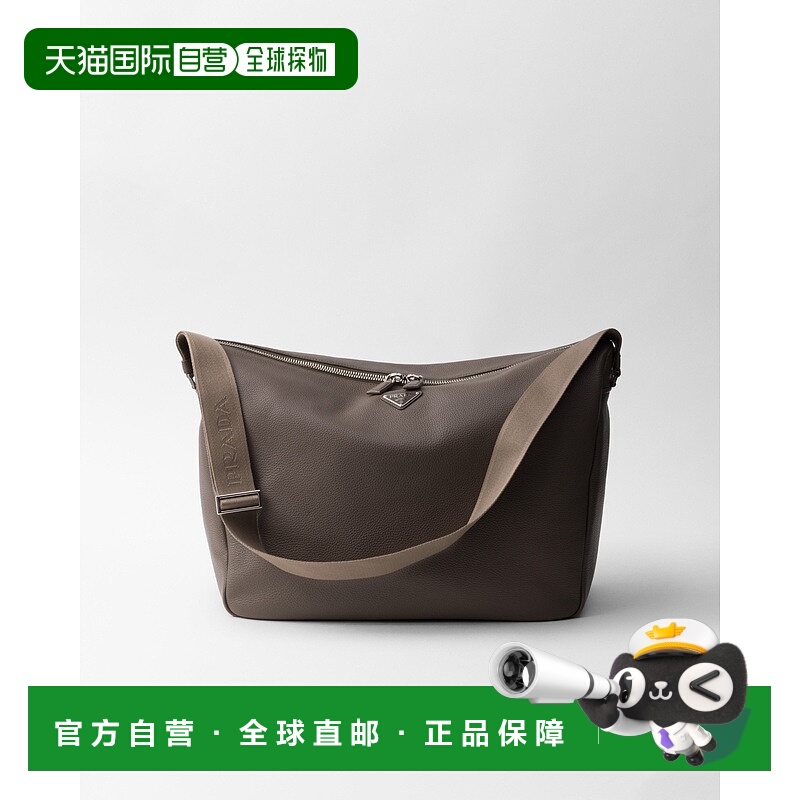 自营欧洲直邮Prada普拉达 男士竹灰色小牛皮金属三角标识拉链开合