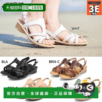 日本直邮3E 宽 Modelo 女士凉鞋舒适自然休闲简约背带真皮牛皮棕