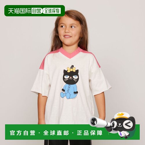 日本直邮mini rodini 2026AW Cat V领短袖T恤 猫咪图案拼色上衣