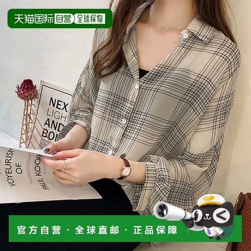 日本直邮JUNOAH 立体袖格纹雪纺衬衫 [AM5609EW01220]内搭外套