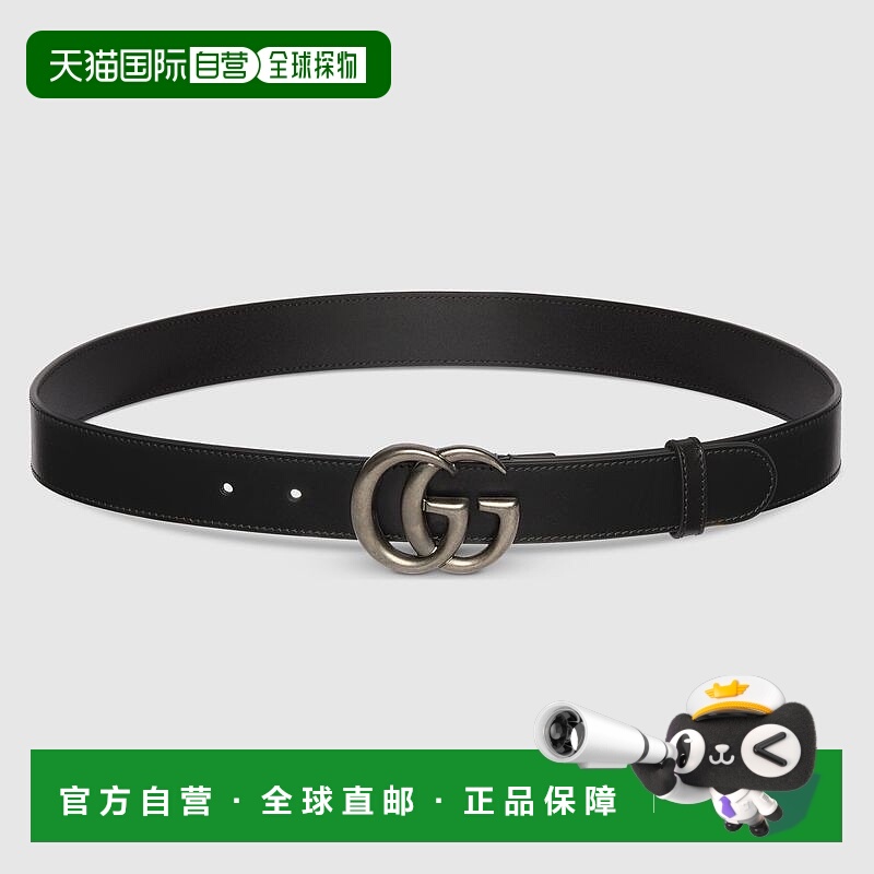 自营欧洲直邮Gucci古驰GG Marmont系列男士黑色皮革细腰带皮带