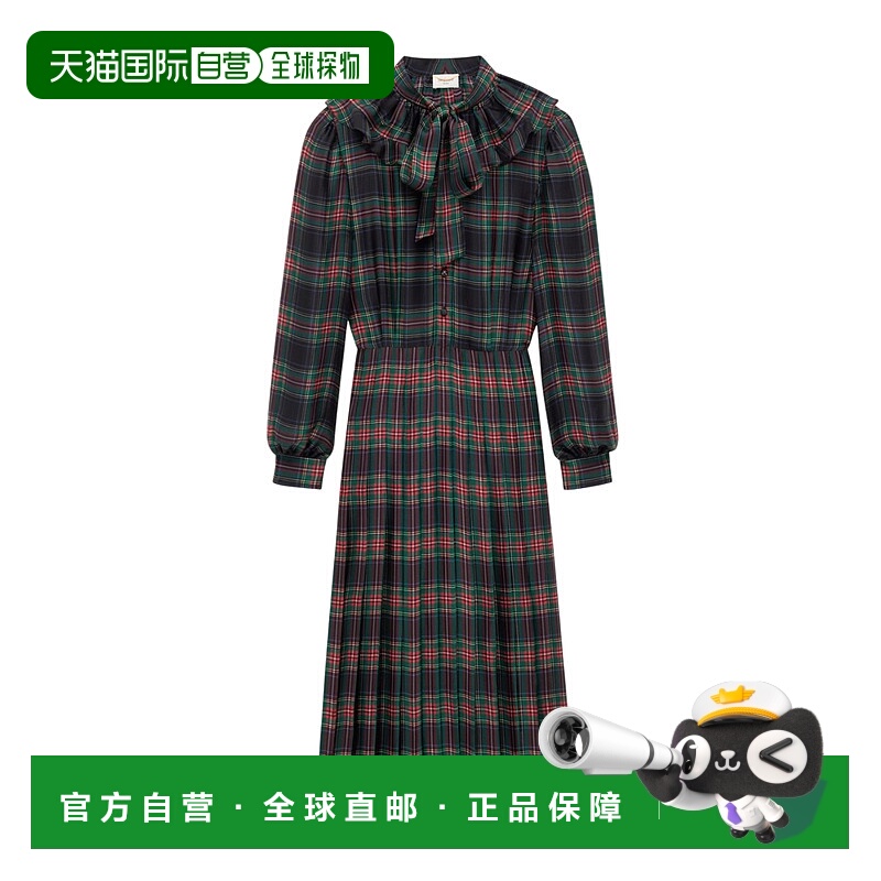 香港直邮Saint Laurent 格纹真丝查米尤斯褶裥连衣裙 837206Y1H96