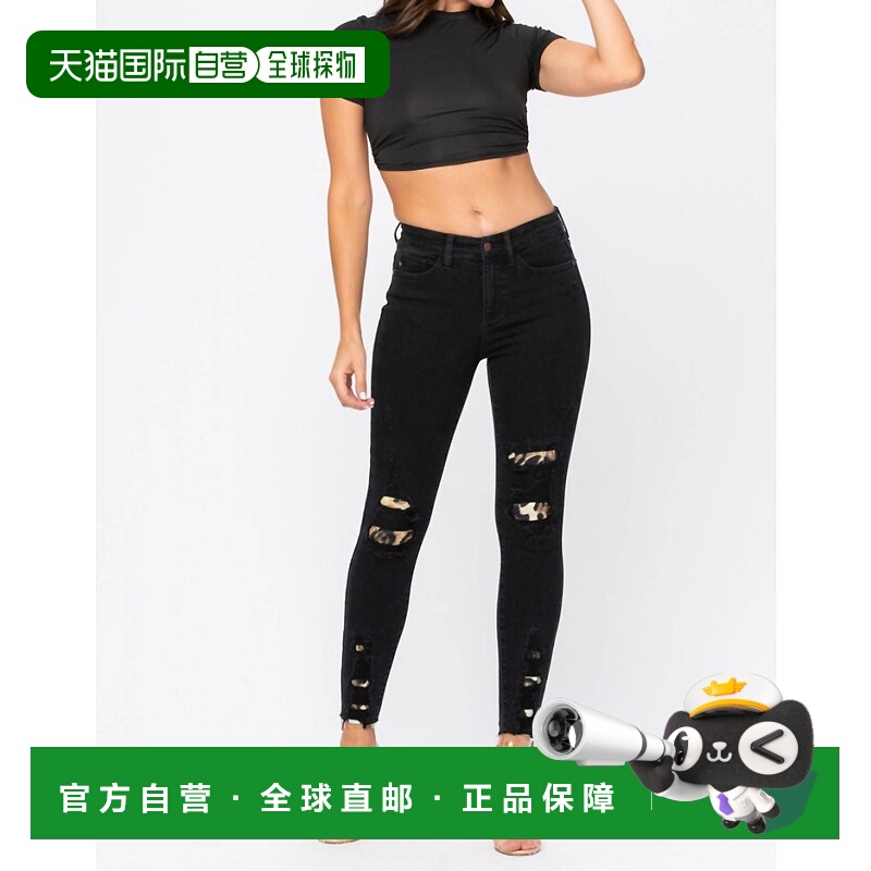 自营judy blueMid-Rise Destroyed Leopard Patch Skinny Jeans I