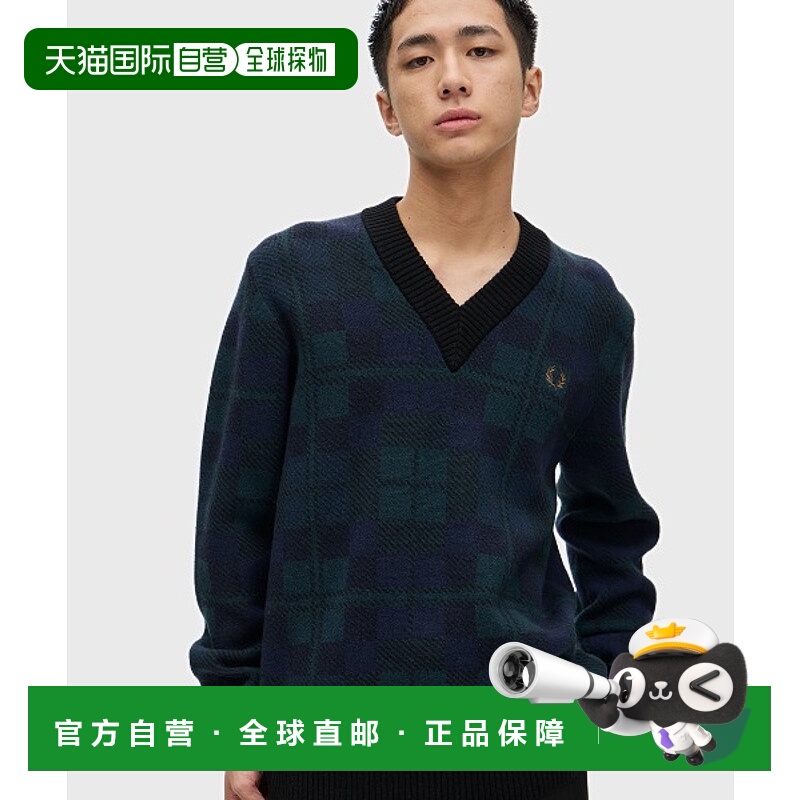 1h可退 日本直邮FRED PERRY 男女同款 黑色守望格纹V领针织衫 K15