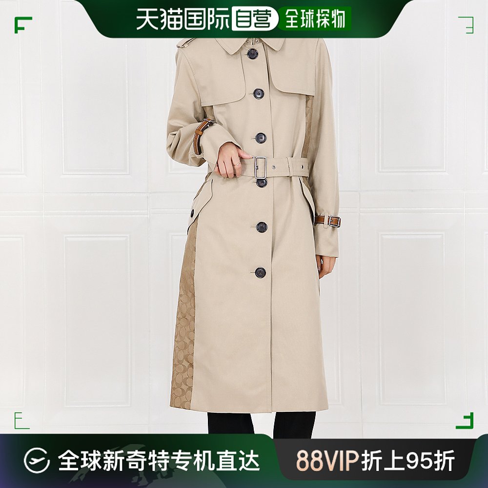 香港直邮coach蔻驰 奥莱款纯色单排扣束腰长袖风衣卡其色女款c918