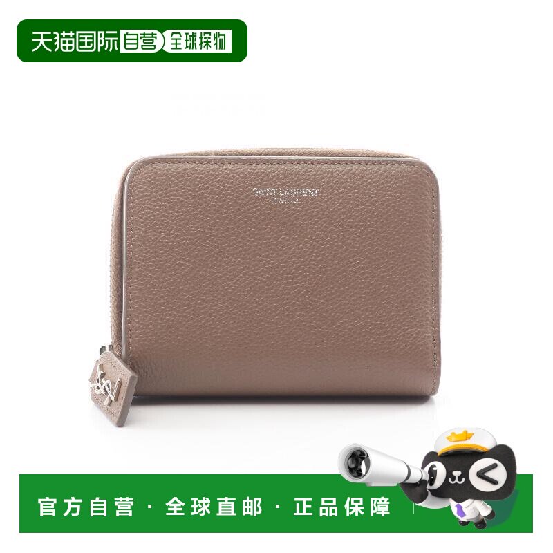 日本直邮中古YSL圣罗兰女A级95新zip wallet拉链钱包牛皮短钱包灰