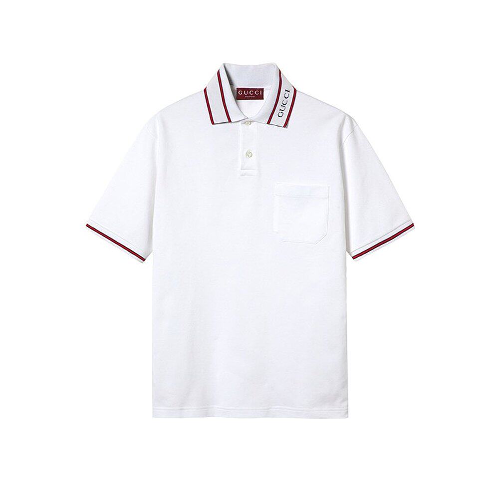 GUCCI/古驰24新款 男士白色棉质蓝红色织带条纹边领POLO衫