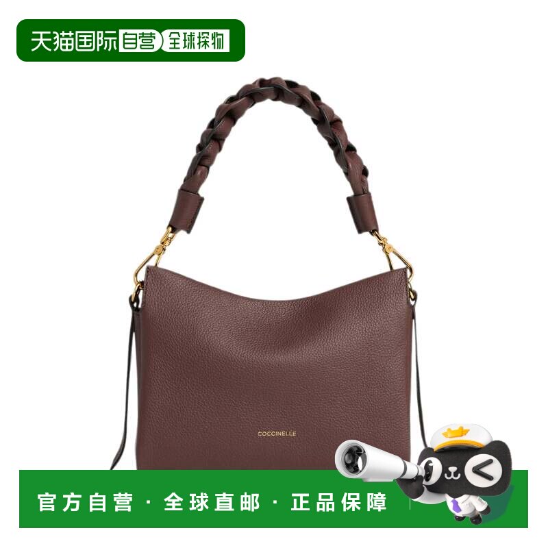 自营coccinelle编织手柄小号皮革手提包，顶部拉链开合-灰色 美国