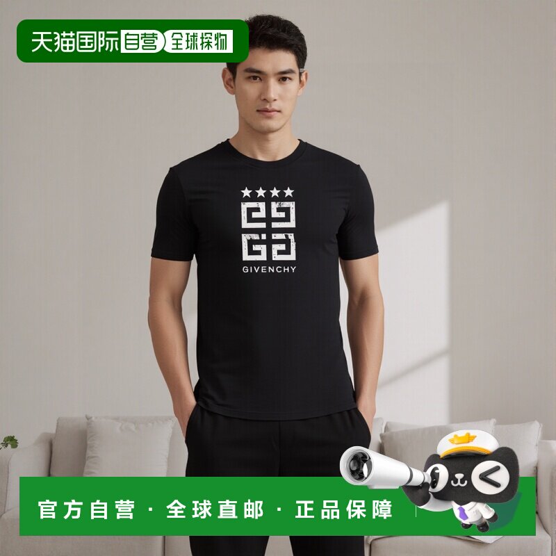 自营欧洲直邮GIVENCHY纪梵希 男士黑色棉质混白色品牌logo印花短T