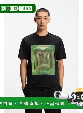 自营欧洲直邮Hugo Boss 男士黑色棉迷宫图案短袖T恤