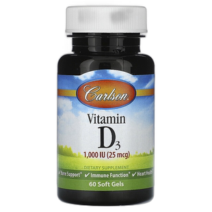 香港直邮Carlson, 维生素 D3,25 微克(1,000 国际单位),60 粒