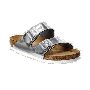 自营 Birkenstock 女式 Arizona 软鞋垫皮革凉鞋 - 银色 美国奥莱