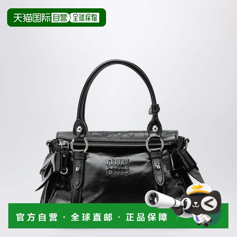1h可退 香港直邮Miu Miu 缪缪 女士 中号光泽黑色皮革手提包 5BA3