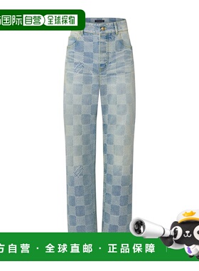 自营欧洲直邮LV路易威登 Damier男士靛蓝色棉棋盘格图案牛仔裤
