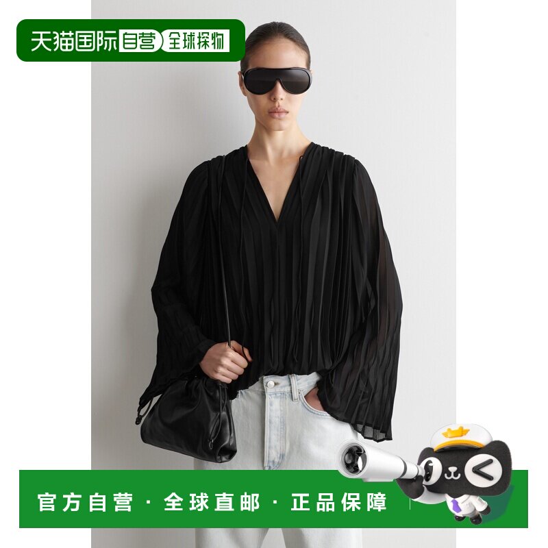 自营欧洲直邮COS 女士黑色聚酯纤维乔其纱褶皱系带V领衬衫女装图片