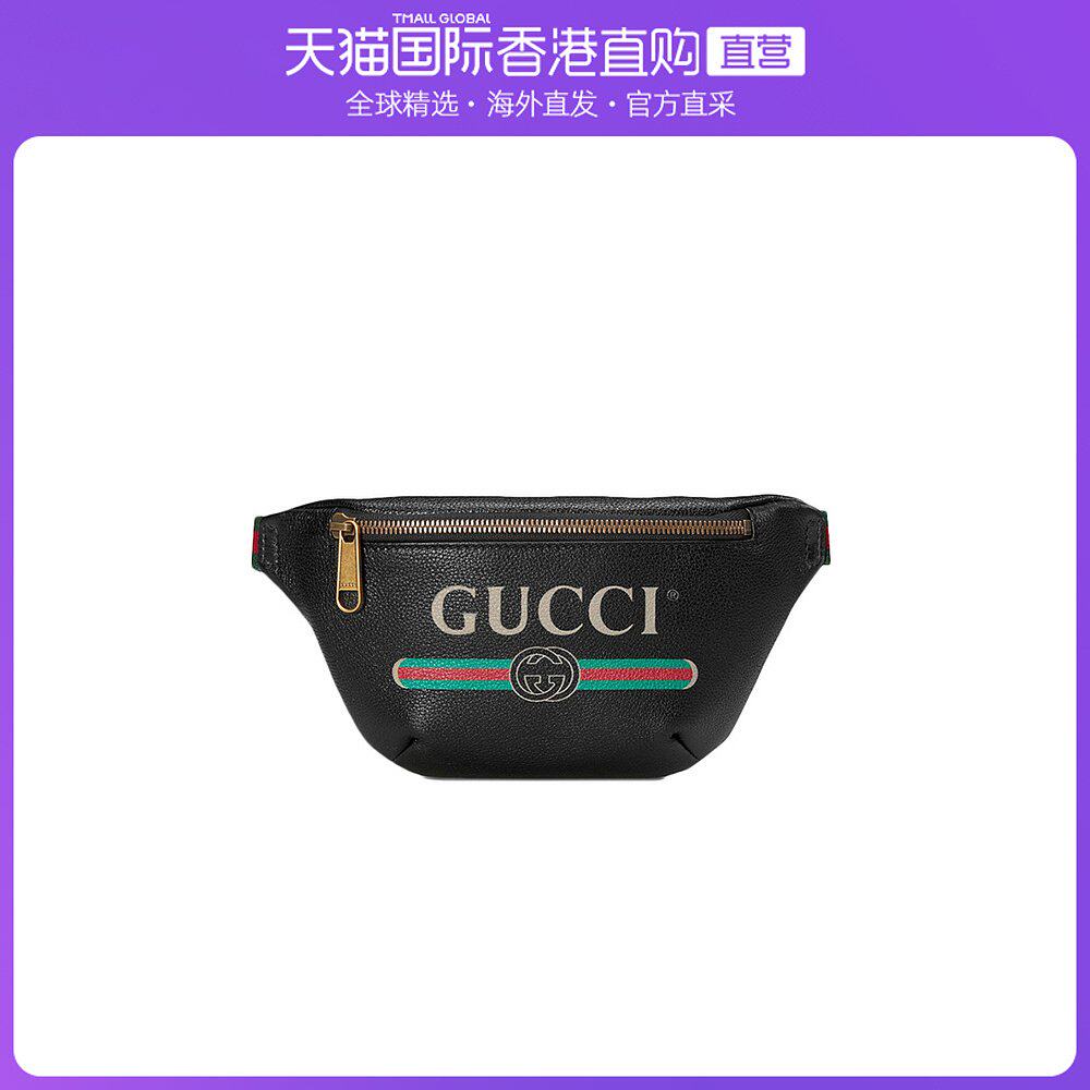 自营gucci 古驰 女包时尚logo印花黑色拉链迷你腰包