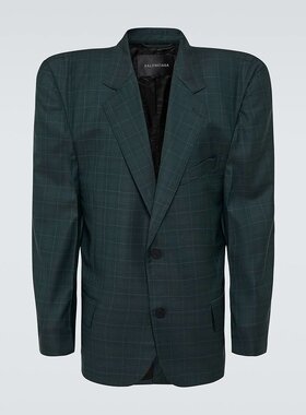潮奢 Balenciaga 巴黎世家 男士 宽松款格纹羊毛西装外套 000895