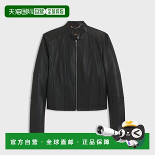 自营欧洲直邮Hugo Boss 女士黑色羔羊皮拉链闭合立领夹克