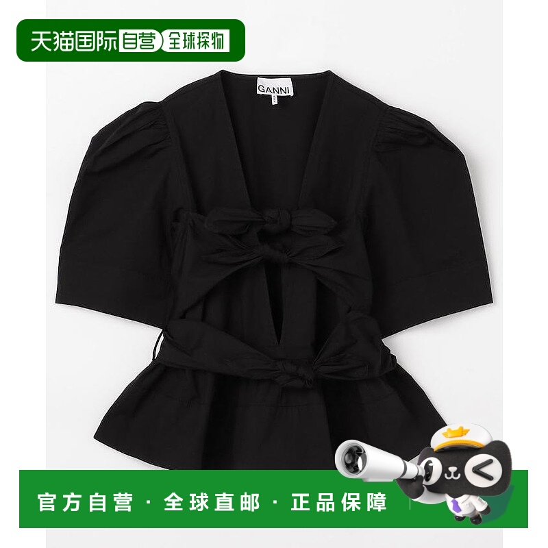 1h可退 日本直邮GANNI 女士V领泡袖系带设计上衣 3403343800010