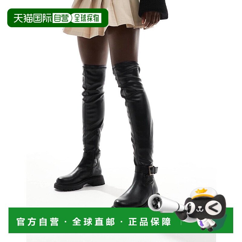 1h可退 香港直邮ASOS 女士 Kirby 设计搭扣平底及膝靴子(黑色)