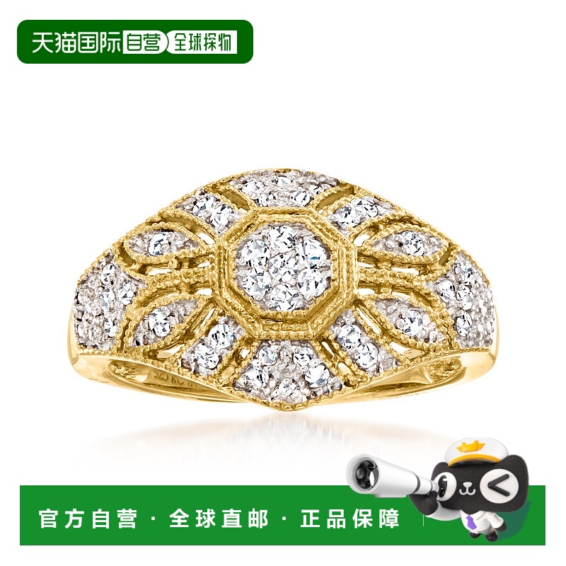 自营 Ross-Simons 18kt 金镀在纯银上镶钻花卉锯状复古风格戒指 -
