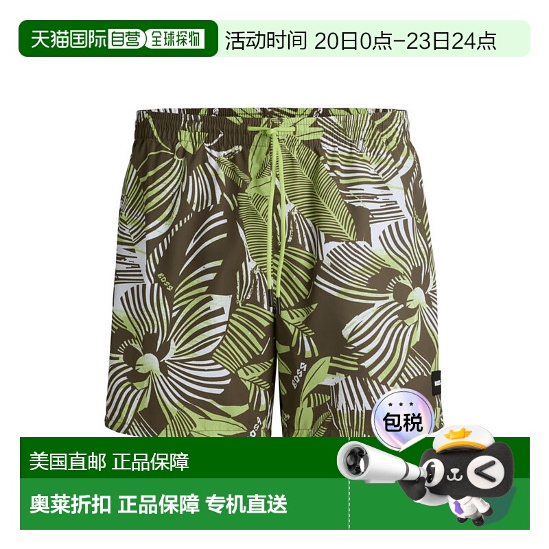 自营boss全衬里游泳短裤，带有季节性印花-绿色 美国奥莱直发泳衣