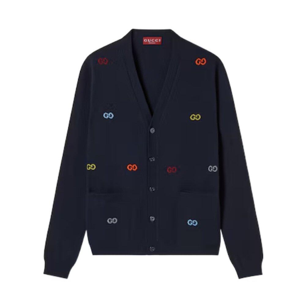 GUCCI 男士针织衫 833671XKEYI4735 AW2025 黑色 嵌花山羊绒开衫