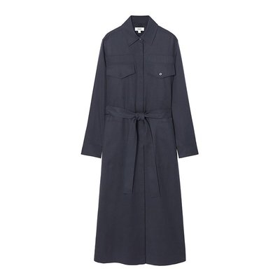 COS 24新款 女士海军蓝天丝纽扣式门襟侧开翻领连衣裙