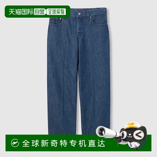 古馳 歐洲直郵Gucci 女士深藍色棉logo標識紅色皮革標簽直筒牛仔