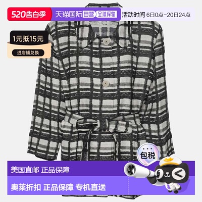 自营Marina Rinaldi Black/off White Check Print Linen Blend B