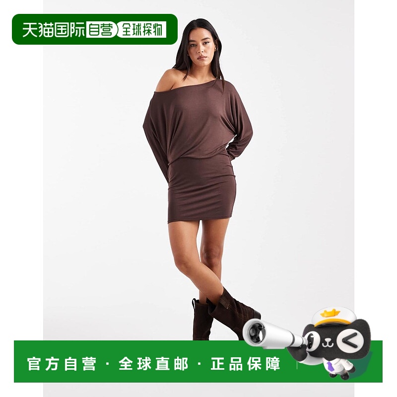 香港直邮ASOS 女士 fallen 设计肩宽松型蝙蝠袖迷你巧克力色连衣