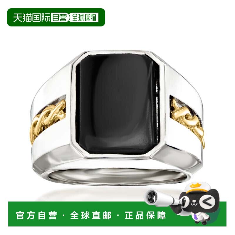 自营Ross-Simons 925 纯银和 14 克拉黄金男士黑色缟玛瑙戒指 -
