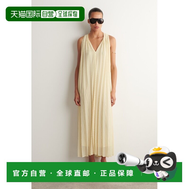 自营欧洲直邮COS 女士黄色褶皱乔其纱系带领口吊带长连衣裙长裙图片