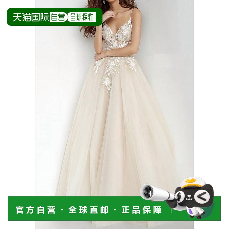 自营jovaniPlunging Neckline Flower Appliques Prom Gown In Ch