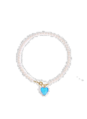 自营 classicharmsEsmee 天蓝色釉心形吊坠珍珠项链 - 天蓝色 美