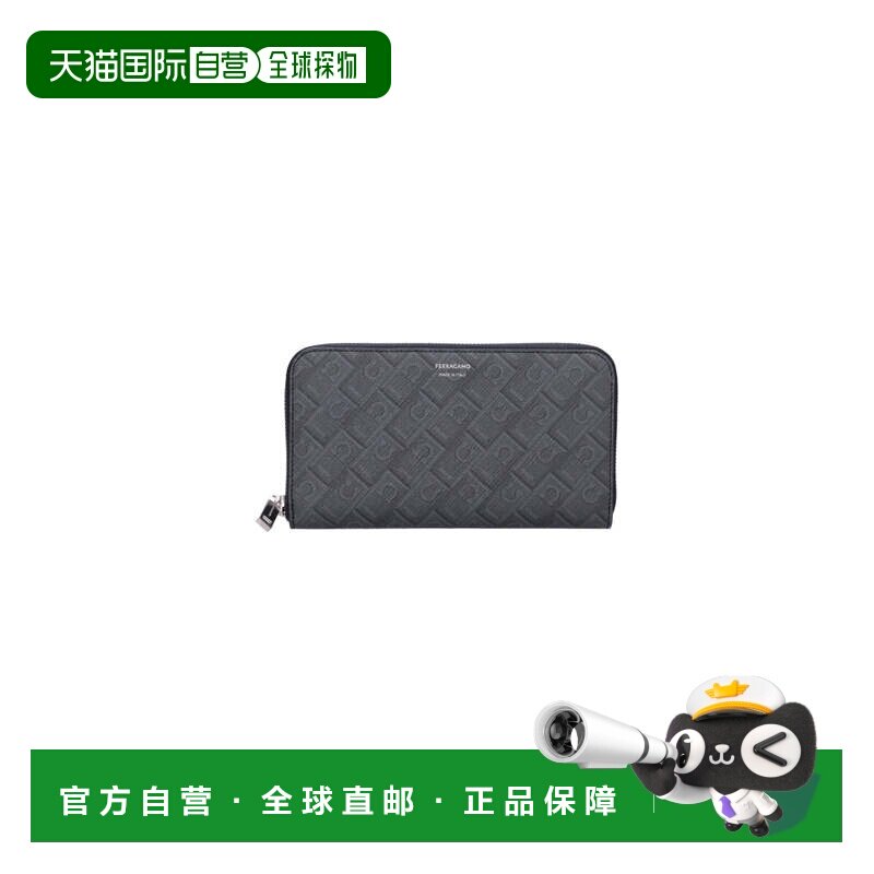 自营ferragamo黑色中央拉链皮革钱包-黑色 美国奥莱直发