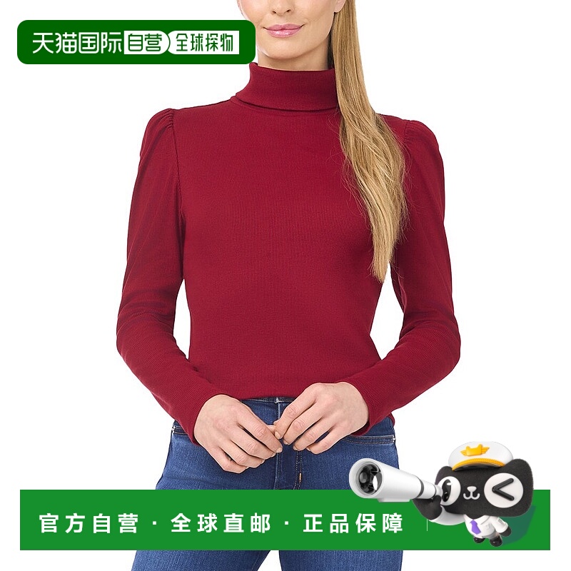 自营CeCe Rib Knit Puff Sleeve Turtleneck Top - red 美国奥莱